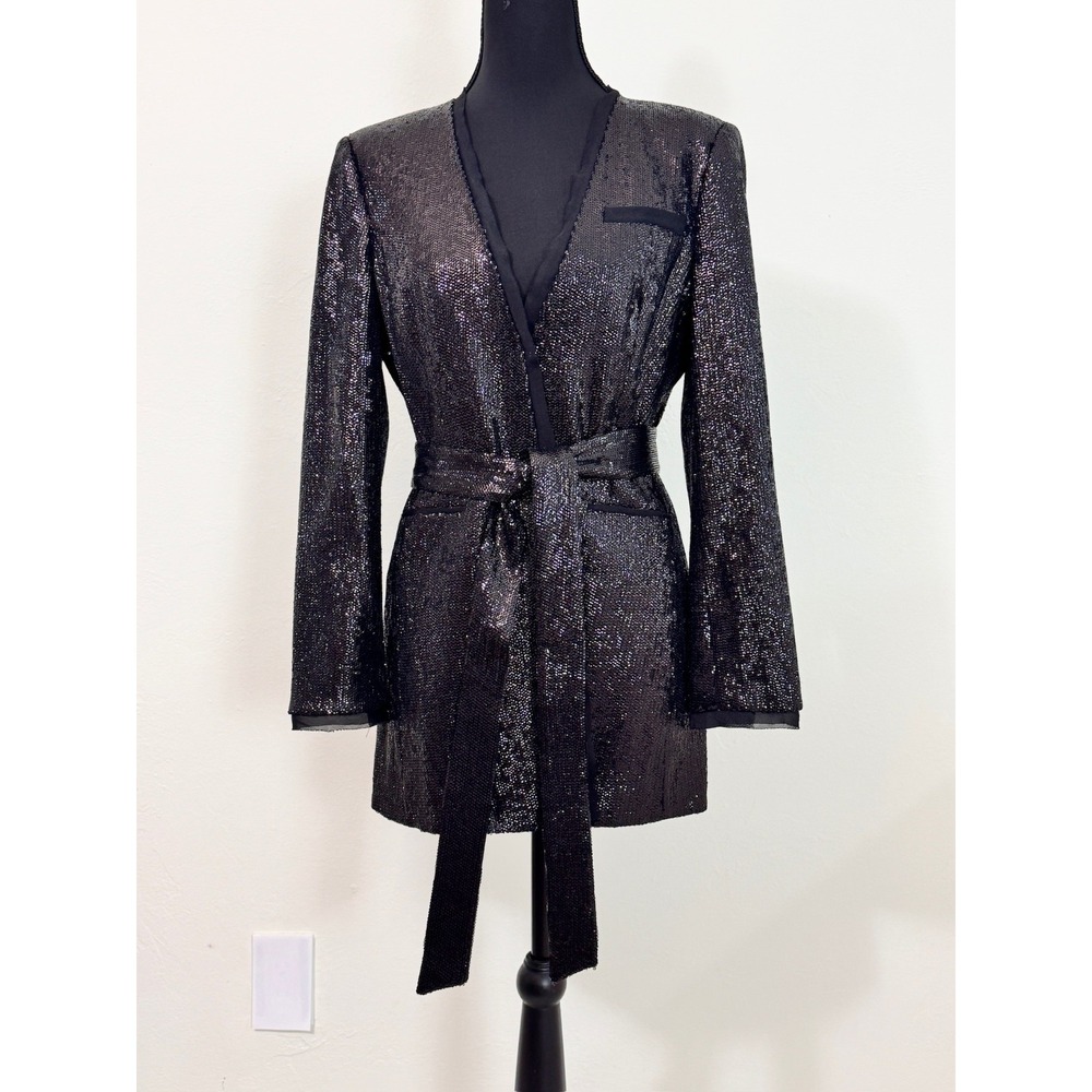 Rachel Zoe Sz‎ 2 Ozur Sequin Smoking Jacket Black Long Sleeve Blazer Tie Belt